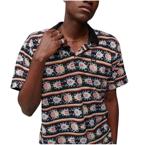 Obey Bugs Jacquard knit Polo Shirt Black MultiSeason Men’s M colorful preppy - Picture 4 of 10